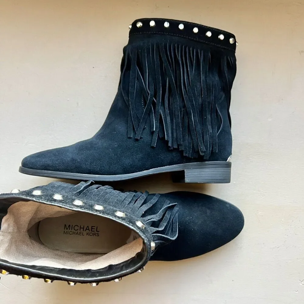 Michael Kors Silver Studded Black Suede Boots Fringe Western Cowgirl Women 8.5 - Picture 16 of 16